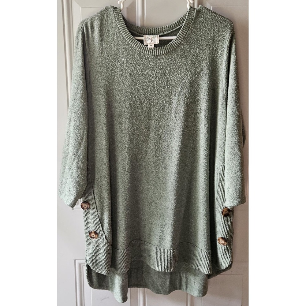 Color Tree Womens 1X Olive Green Textured Sweater Button‎ Side Tunic Plus Size